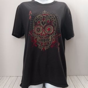 RARE Lucky Brand Vintage Inspired Ace Of Spades Embroidered Skull Tee